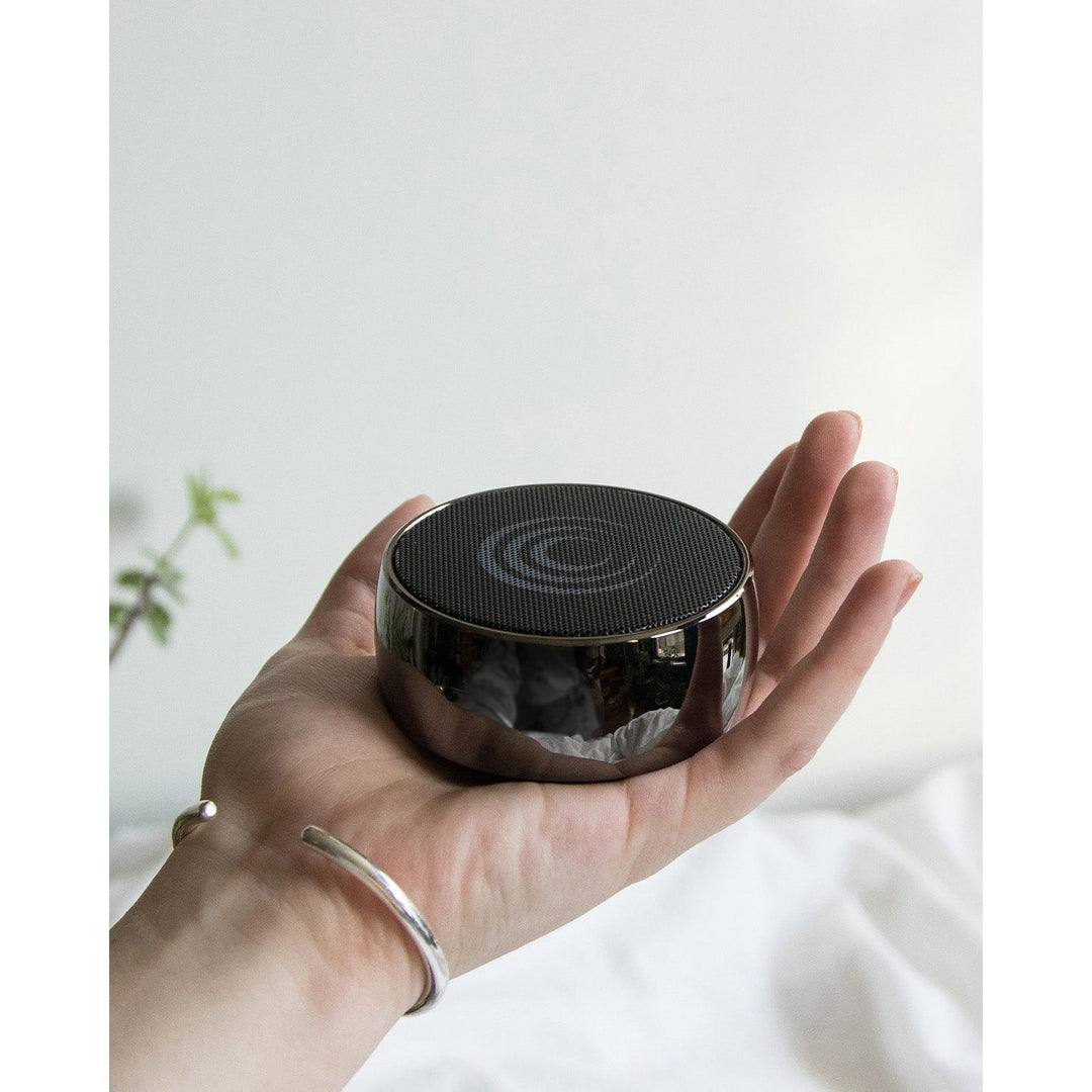 A womans hand holds up a silver speaker against a white wall