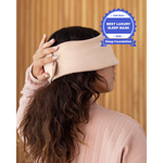 Load image into Gallery viewer, A photo from the side of a woman with long brown hair holding her hand over the back of a silk sleep mask. [44377020825819]
