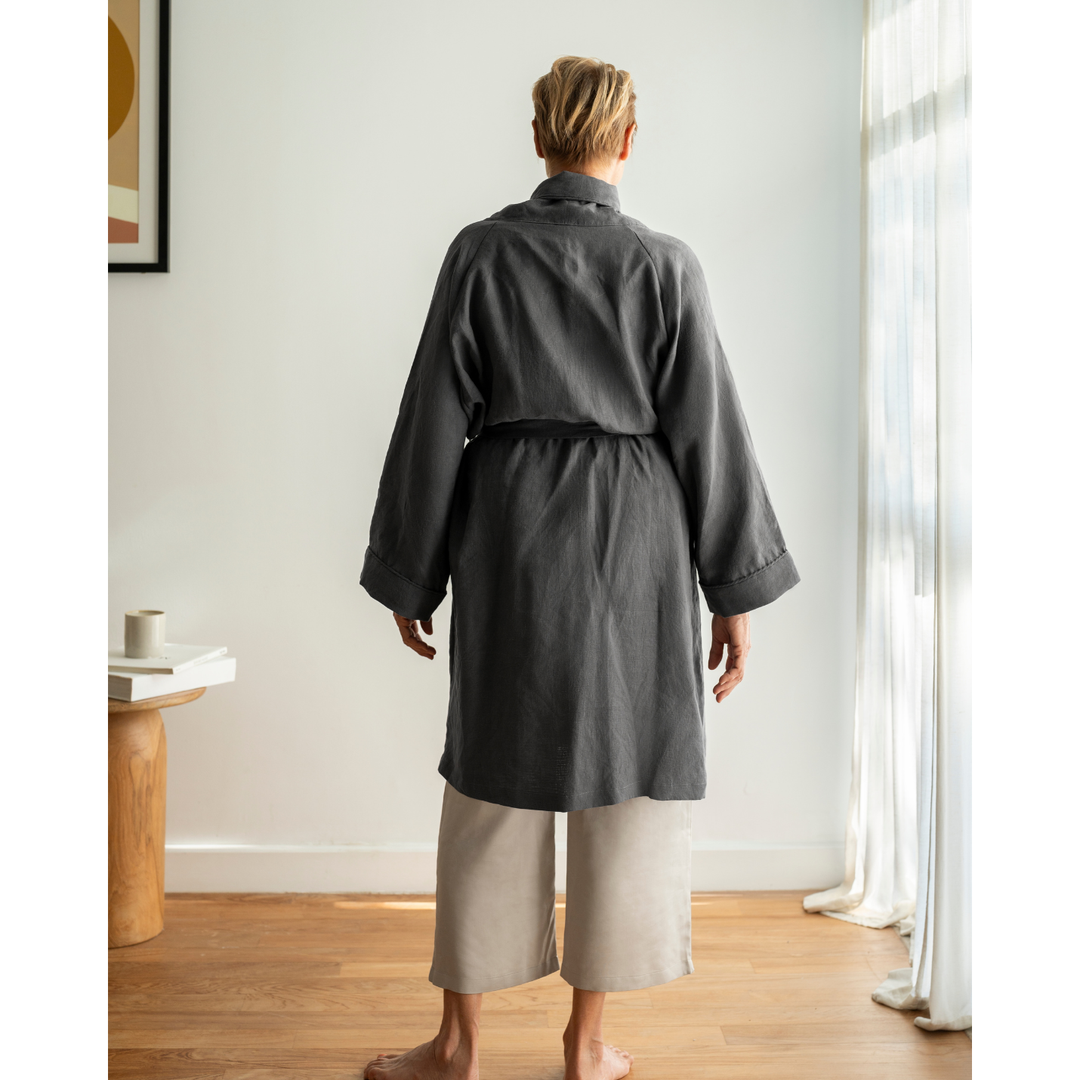 Back view of woman in charcoal grey linen robe  [45949489316059, 45949489348827]