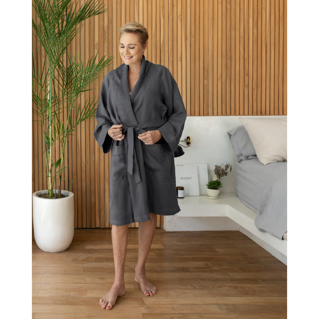 Woman in charcoal linen robe [45949489316059, 45949489348827]