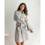 Load image into Gallery viewer, Woman in dove gray linen robe [45949480829147, 45949488103643]
