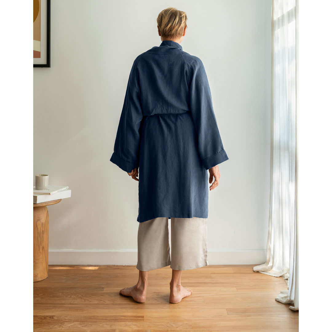 Woman in navy linen robe reverse 2 [45949488136411, 45949488169179]